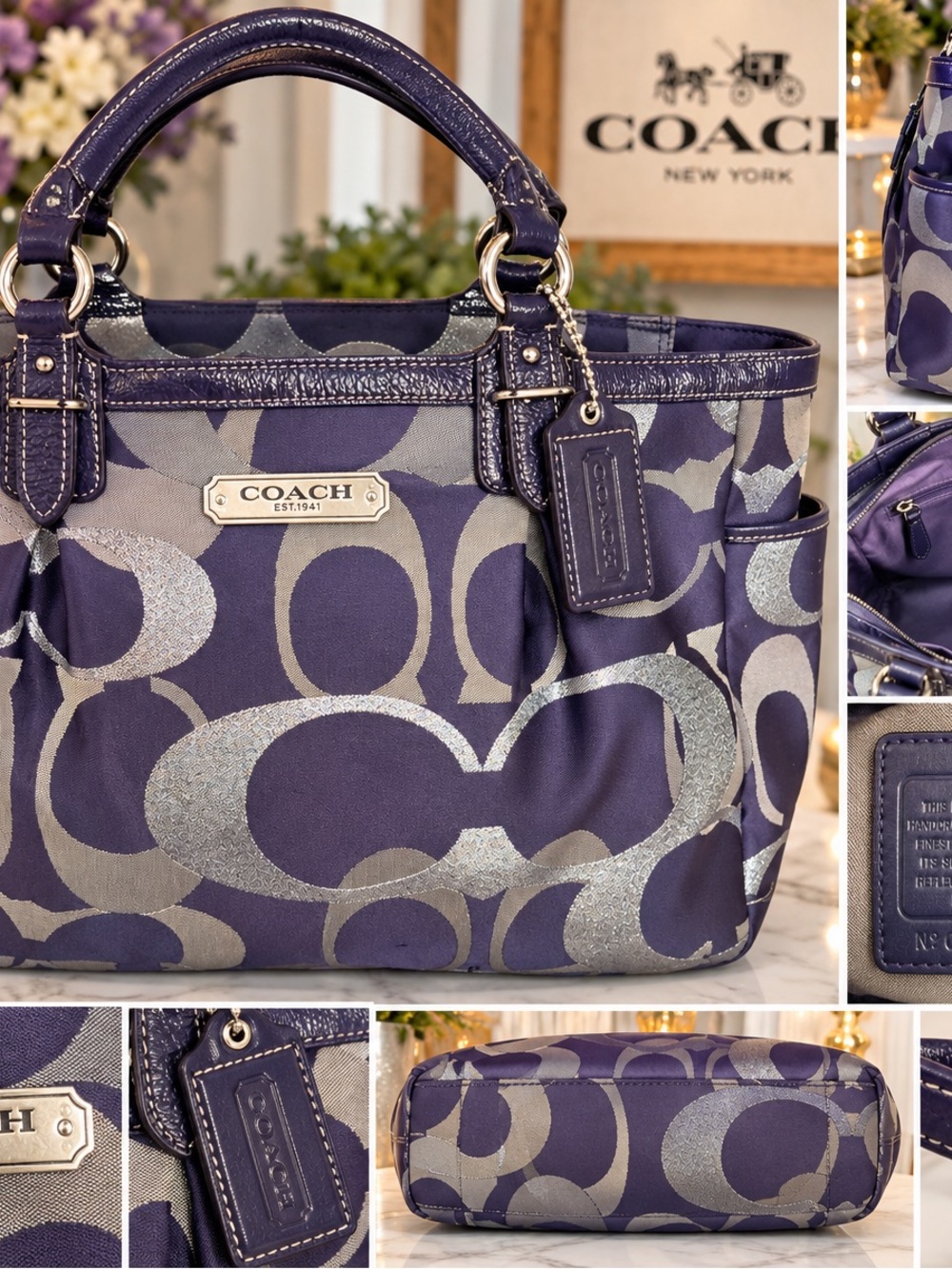 Coach F19664 Gallery Optic Signature Purple Gray Metallic Silver Tote